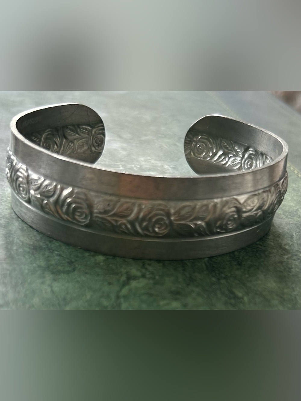 Pewter Embossed Rose Motif Silver Cuff Bracelet